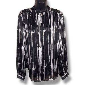 Medium Worthington Blouse Black White Abstract Geometric Print Long Sleeve Goth